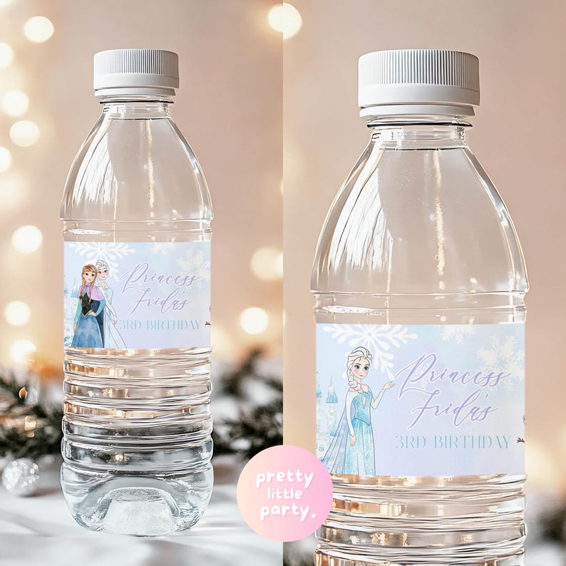 May include: Clear plastic water bottles with white caps. Each bottle has a label featuring a princess design and the text "Princess Frida's 3rd Birthday". The labels have a light blue and white colour scheme.