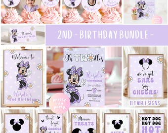 Oh TWOdles Minnie Mouse Birthday Party BUNDLE | Finger TWO Minnie Lavender Purple Daisy  Invitation Table Sign Food Label Cupcake LMN02
