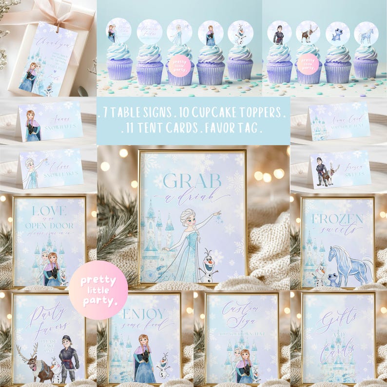 May include: Party supplies with a Frozen theme, including framed signs, cupcake toppers, tent cards, and favour tags. The colour scheme is light blue and white, featuring character illustrations and snowflakes.