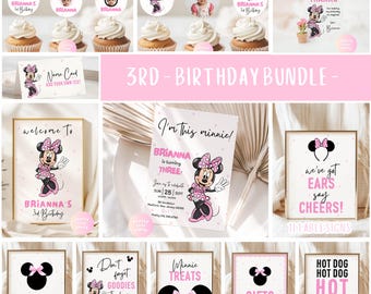3rd Minnie Mouse Birthday Party BUNDLE | Minnie Third Birthday Invitation, Table Sign, Food Label, Favor Tag, Cupcake, Welcome Sign PMN01