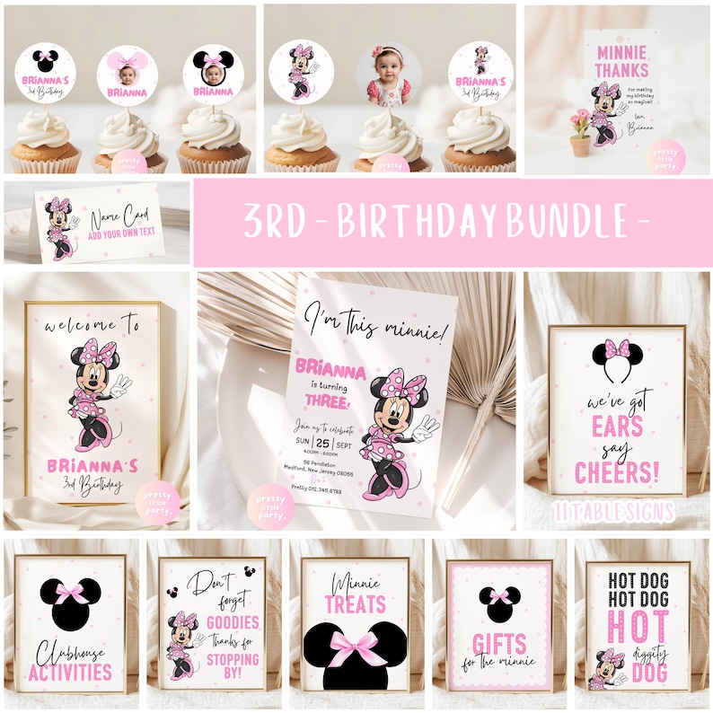 Puede incluir: Un conjunto de suministros para fiestas con el tema de Minnie Mouse, que incluye adornos para cupcakes, invitaciones y letreros. La combinaci&oacute;n de colores es principalmente rosa, negro y blanco, perfecta para una celebraci&oacute;n de tercer cumplea&ntilde;os.
