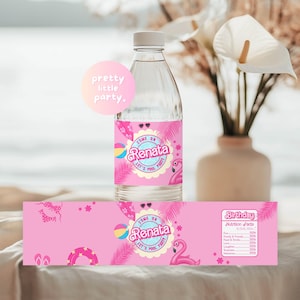 May include: A clear water bottle with a pink label featuring the text "Come on Renata Let's Pool Party". The label includes a flamingo, sunglasses, and a beach ball. A pink circle with the text "pretty little party" is on the left.