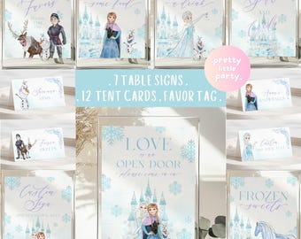 Editable Blue Snowflakes Frozen Birthday Party Table Sign, Food Label, Favor Tag | Ice Snow Winter Princess Party Decor Sign FRB05