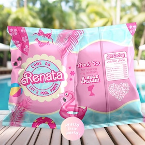 May include: Pink party favor bag with a pool party theme. The bag features a flamingo, a surfboard, and the text "Come on Renata, Let's Pool Party." The bag also includes the text "Thank You for making my birthday a huge splash!"