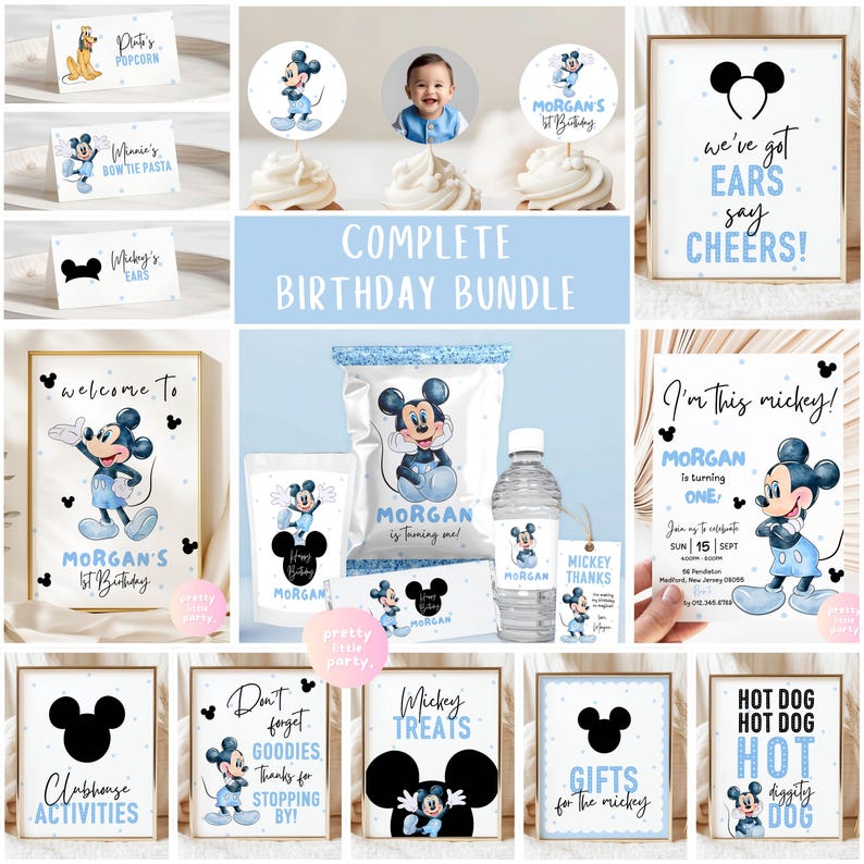 Puede incluir: Un completo paquete de cumplea&ntilde;os con dise&ntilde;os de Mickey Mouse en azul y blanco. Incluye invitaciones, letreros, bolsas de golosinas y etiquetas para botellas de agua. El texto incluye "Complete Birthday Bundle" y "Mickey Treats".