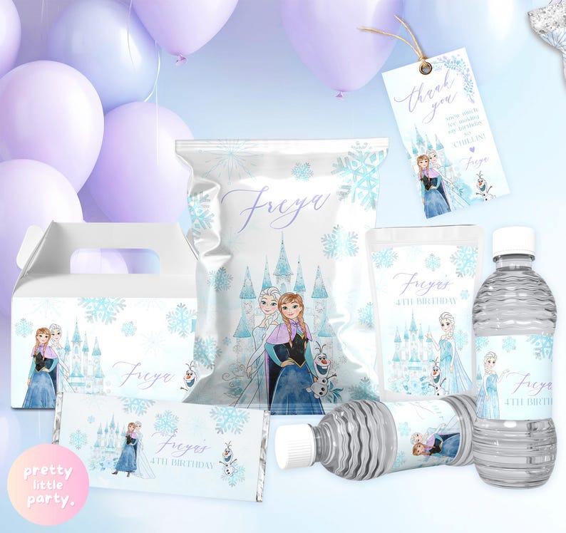 May include: Party supplies with a Frozen theme, including a gift box, treat bags, water bottles, and a candy bar wrapper. The designs feature Elsa and Anna, snowflakes, and the name "Freya". The colour scheme is light blue and purple.