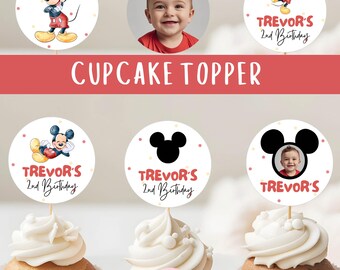Topper per cupcake di Topolino / Decorazione per torta di compleanno moderna e minimalista di Topolino con pois rossi, gialli, neri e bianchi, in tela CMC01