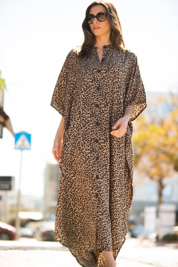 Leopard Print Linen Maxi Kaftan Dress, Oversized Boho Abaya - Etsy