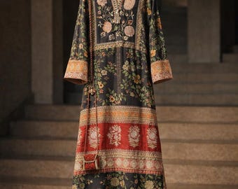 Digital Printed Grip Kaftan Dress, Eid Girls Abaya Style