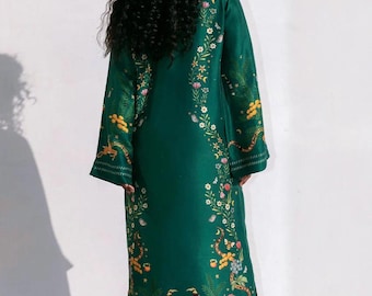 Green Emerald Kaftan Dress, Digital Print Long Shirt, Eid Girls Apparel