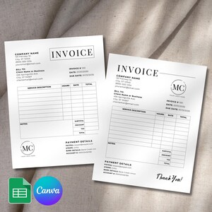 May include: A black and white invoice template with a minimalist design. The template includes sections for company information, billing details, service description, payment details, and notes. The template also includes a logo placeholder and a "Thank You!" message.