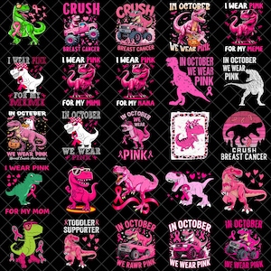 Puede incluir: Una colección de veinticinco diseños gráficos con dinosaurios, camiones monstruo y cintas rosas de concienciación sobre el cáncer de mama. Las ilustraciones incluyen textos como In October We Wear Pink, Crush Breast Cancer y For My Mimi.
