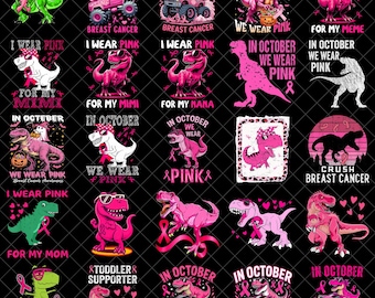 Breast Cancer Awareness PNG Bundle, Pink T Rex Dinosaur Design, In October We Wear Pink Sublimation Clipart, Support Ribbon Digital Download