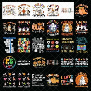 Puede incluir: Una colección de diseños gráficos con temática de Halloween y otoño sobre un fondo negro. Los diseños presentan fantasmas, calabazas y texto como "I Love Fall" y "Physical Education". Los diseños son adecuados para ropa.