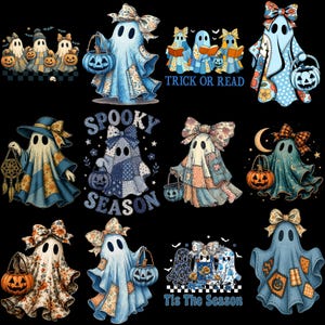 Peut inclure: Une collection de douze illustrations représentant des fantômes décorés de motifs en patchwork, de nœuds et de citrouilles. Certains fantômes tiennent des seaux citrouilles ou des attrape-rêves. Texte : "TRICK OR READ", "SPOOKY SEASON", "Tis The Season".