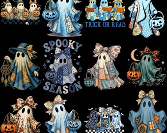 Denim Ghost Halloween PNG Bundle, Blue Ghost Clipart, Cute Spooky Season Design, Patchwork Ghost Sublimation, Digital Download