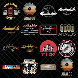May include: A collection of vintage-style logos and illustrations related to audio equipment and analog sound. The designs feature text like "Analog Sound Society," "Audiophile," and "Vacuum Tubes." The color palette includes red, orange, and black.
