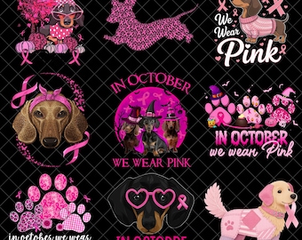 9 Pink Dachshund Breast Cancer Awareness PNG Bundle, We Wear Pink Dog Designs, October Pink Ribbon Sublimation, Pet Lovers Digital Downloads