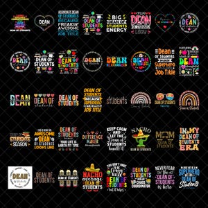 Puede incluir: Una colección de diseños gráficos coloridos con el texto "Dean of Students" en varias fuentes y estilos. Algunos diseños incluyen texto adicional como "Superhero Job Title" y "Because Freakin' Awesome". Los diseños están sobre un fondo negro.