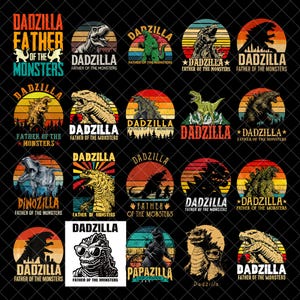 Puede incluir: Una colección de diseños gráficos con ilustraciones de dinosaurios y el texto "DADZILLA" y "FATHER OF THE MONSTERS". Los diseños incluyen dinosaurios con gafas de sol, siluetas y fondos de atardecer retro.
