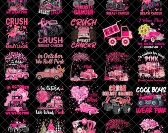 25 Breast Cancer Awareness PNG Bundle, Pink Truck Designs, Crush Cancer Monster Truck, October Pink Ribbon Sublimation, DTF Digital Download
