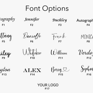 May include: A white background displays a selection of font styles labeled "Font Options." Sixteen different font examples are shown, each with a name and a corresponding number. The text "YOUR LOGO" is also displayed.