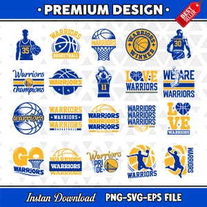 Könnte beinhalten: Eine Sammlung von Designs im Basketball-Thema der Warriors in Blau und Gold. Die Designs umfassen Basketbälle, Teamlogos und Spielersilhouetten. Texte beinhalten "Warriors", "Basketball" und "Champions". Der Text "Instant Download PNG-SVG-EPS FILE" ist ebenfalls enthalten.