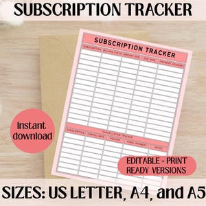 Subscription Tracker Printable | Membership Log | Budget Planner Template | Payments Checklist | A4 A5 Letter Size | Instant Download PDF