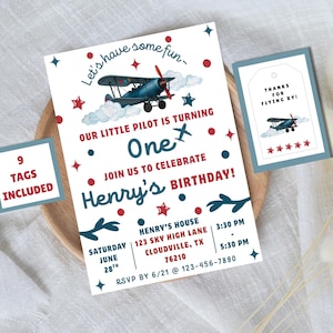 Bearbeitbare Flugzeug-Geburtstagseinladung | Flugzeug Party einladen Vorlage | Junge 1. Geburtstag Printable | Blaues Luftfahrt Theme | Sofort Download