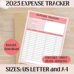 Rastreador de gastos editable e imprimible / Registro de gastos mensuales / Rastreador de presupuesto / Lista de compras / Hoja de registro de gastos / Tamaños A4 y Carta de EE. UU.