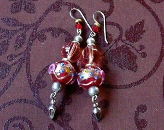 Long Bohemian Red GLASS and Silver Beaded Earrings