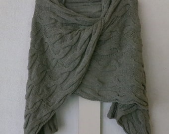 Hand Knit Gray 100% Linen Cable SHAWL Scarf Wrap