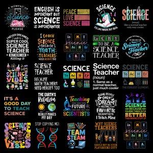 Puede incluir: Una colección de diseños gráficos con temática científica sobre un fondo negro. Los diseños presentan varias citas, ilustraciones y texto, incluyendo frases como "Science Teacher", "Science Vibes" y "Teaching Future Scientists". La paleta de colores incluye blanco, azul y otros colores vibrantes.