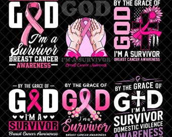 „Durch Gottes Gnade“ PNG-Bundle, Brustkrebs-Aufklärung, „Ich bin eine Überlebende“-Sublimation, T-Shirt-Design mit rosa Schleife, inspirierende Glaubensbotschaft (PNG)