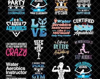 Wassergymnastik-PNG-Bundle, Aqua-Fitness-Trainer-Sublimations-PNG, Lustiges Pool-Workout-Zitat-Design, Aquaholic Digitaler Download (PNG)
