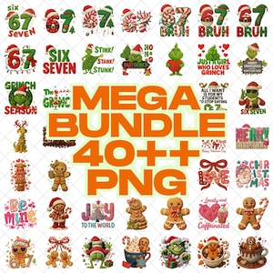 Puede incluir: Una colección de gráficos PNG coloridos con temas navideños y de San Valentín. Incluye personajes de Grinch, hombres de jengibre y texto festivo como "Merry Christmas" y "Be Mine". El texto central dice "MEGA BUNDLE 40++ PNG".