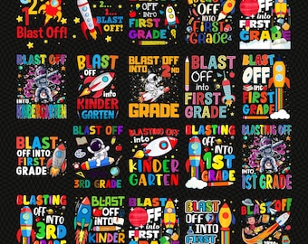 Raketenstart in die Schule (PNG-Bundle), Sublimationsdesign für Kindergarten und erste Klasse, Raketen-PNG-Download zum Schulanfang, Weltraum-PNG-Paket