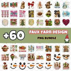 Puede incluir: Una colección de más de 60 diseños de hilo de fantasía en un paquete PNG. Los diseños incluyen gráficos con temas navideños, de Año Nuevo e invierno, como muñecos de nieve, adornos y texto festivo. El texto incluye "Merry Christmas" y "Happy New Year".