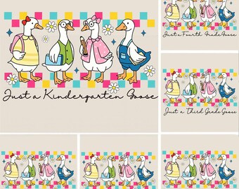 Schulanfangs-Gans-PNG-Bundle, Design für ein T-Shirt mit kokettem Lehrerinnenmotiv zum Schulanfang, florales Sublimationsdesign im Preppy-Stil, Vorschule, 1./2./3./4. Klasse