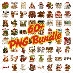 Puede incluir: Una colección de más de 60 gráficos PNG con temática navideña. Las imágenes incluyen muñecos de nieve, Papá Noel, pingüinos y varias frases festivas. El texto "60+ PNG Bundle" se muestra de forma destacada en amarillo y rojo.