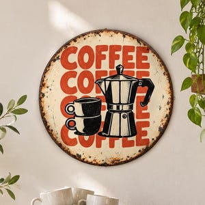 Retro Moka Pot Coffee Tin Sign, Vintage Espresso Cup Wall Decor (Round Metal)
