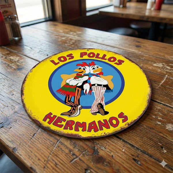 Vintage Los Pollos Hermanos Metal Tin Sign - Breaking Bad Inspired Round Wall Decor, 20cm Retro Chicken Brothers Plaque