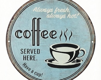 Vintage Round Coffee Tin Sign-Wall Decor-Coffee Bar Station Sign-Cafe Metal Plaque for Coffee Lovers