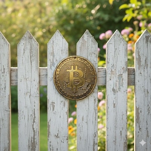 May include: A gold Bitcoin coin is affixed to a weathered white picket fence. The coin is round with the Bitcoin symbol prominently displayed. The fence has peeling paint, and the background shows a blurred garden with green foliage and flowers.