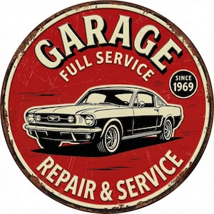 May include: Round metal garage sign with a red background and white text that reads "GARAGE FULL SERVICE REPAIR & SERVICE" with a classic car illustration. The sign also includes "SINCE 1969" in a circle.