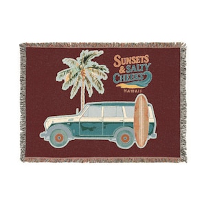 FJ55- Cozy Surf -Sunsets and Salty Cheeks Woven Blanket - Beach Decor, Summer Vibes, Gift for Surfers, Tropical Throw