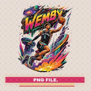 Puede incluir: Una vibrante ilustración digital de un jugador de baloncesto con una camiseta de los Spurs de San Antonio, en el aire, a punto de lanzar un balón de baloncesto. La palabra "WEMBY" se muestra en un texto estilizado y colorido. El fondo presenta un diseño cósmico y futurista con el texto "PNG FILE."