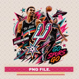 Könnte beinhalten: Digitalillustration mit Victor Wembanyama im Trikot der San Antonio Spurs, mit dem Text "The Alien" und "Go Spurs Go". Das Kunstwerk zeigt einen Basketball, ein Raumschiff und geometrische Formen in Pink, Orange und Türkis.