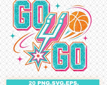May include: A teal and pink graphic with the words "GO GO" in a collegiate font, a basketball, and a stylized starburst. The image includes the text "20 PNG.SVG.EPS."