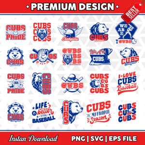 Puede incluir: Una colección de diseños temáticos de béisbol de los Cubs en rojo, blanco y azul. Los diseños incluyen ilustraciones de osos, bates de béisbol y texto como "Cubs Pride", "Champions" y "Baseball". La imagen también incluye el texto "Descarga instantánea".